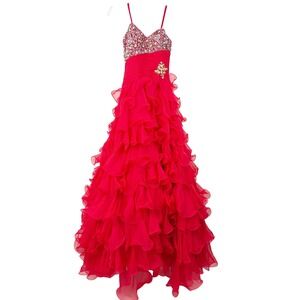 Mac Duggal Couture Red Embellished Ruffle Gown Size 2 Corset Back Prom Pageant